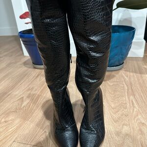 Black Croc-Embossed Heeled Boots
